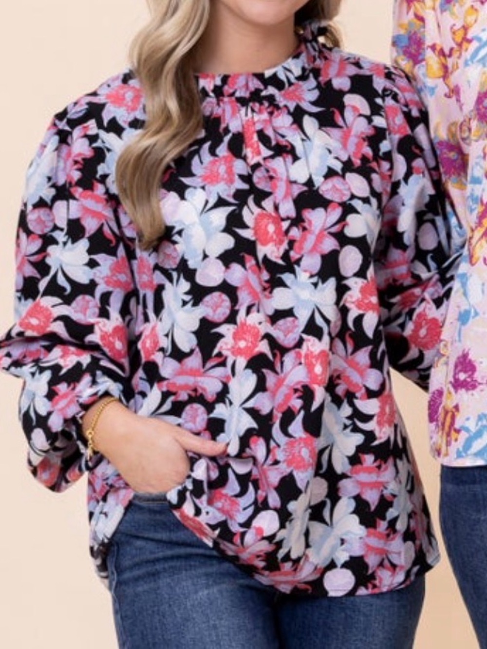 Floral Print Long-Sleeve Mock Neck Blouse in Black and Pink. Small